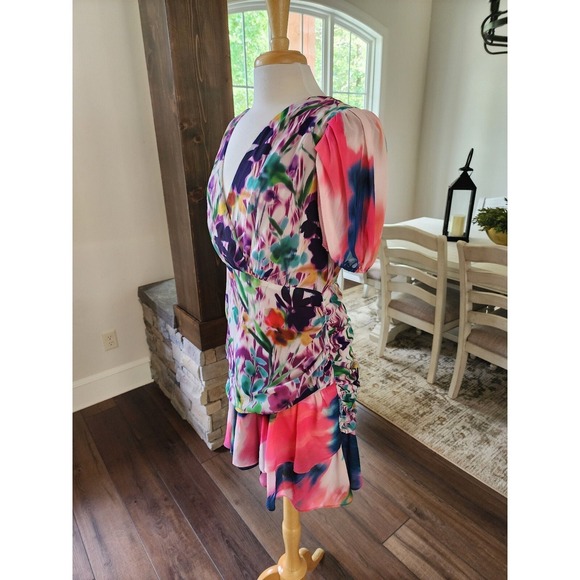 ONE33 SOCIAL - RUCHED FLORAL-PRINT CREPE DE CHINE MINI DRESS - PINK - US 12 - Picture 2 of 10